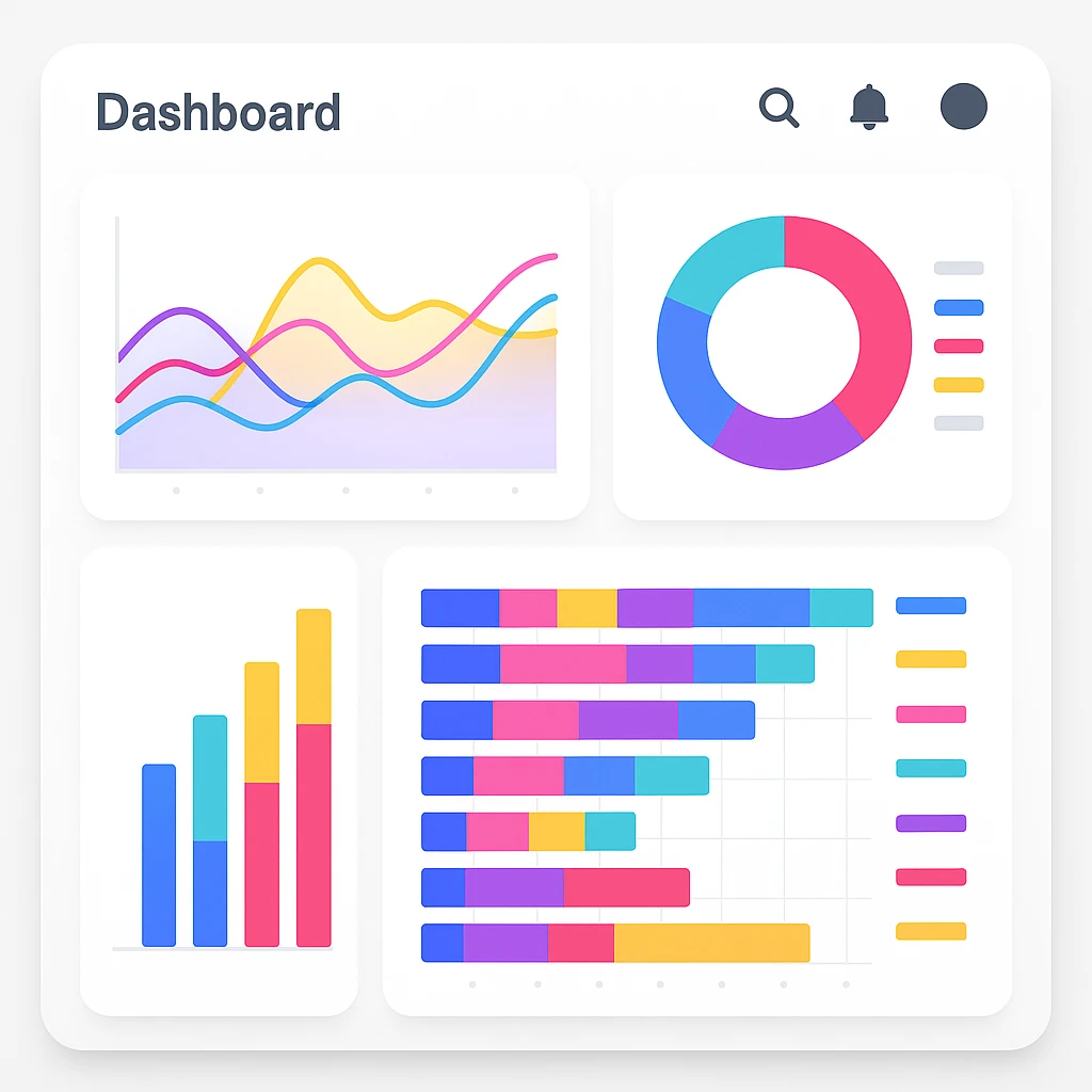 modern flat dashboard with colorful graphs and charts, clean UI emoji