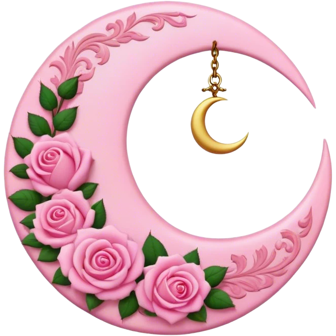 A round pink button with a crescent damask moon and pink roses in the center emoji
