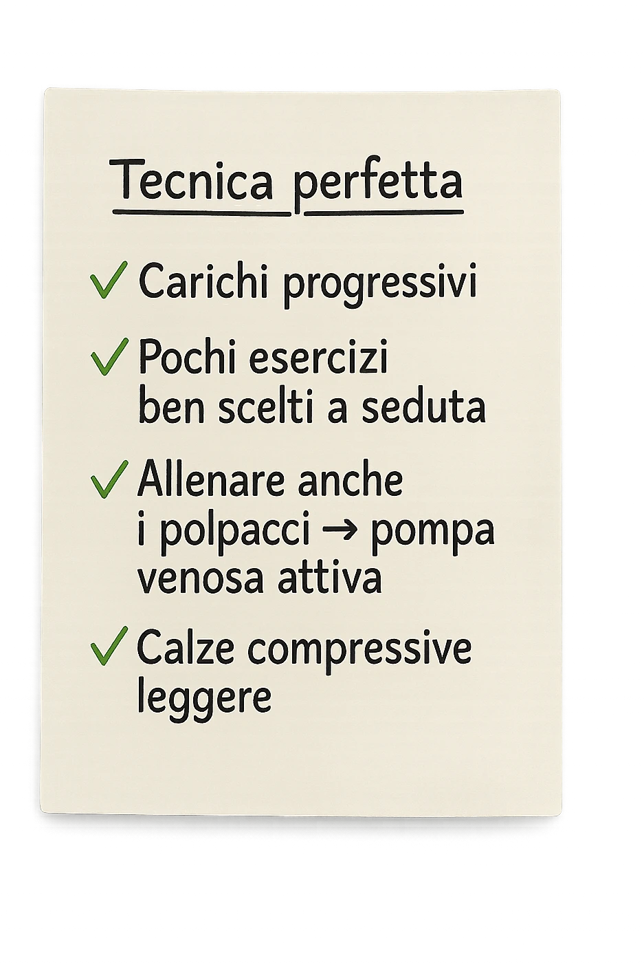 FOGLIO DI CARTA PER L'ALLENAMENTO IN PALESTRA CON LA SCRITTA "Tecnica perfetta
 ✅ Carichi progressivi
 ✅ Pochi esercizi ben scelti a seduta
 ✅ Allenare anche i polpacci → pompa venosa attiva
 ✅ Calze compressive leggere" , IPERREALISTICA 4K emoji