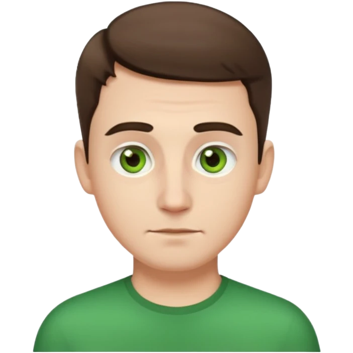 young white man, round face, wide nose, big eyebrows, no beard, very short brown hair, green eyes, emoji style emoji
