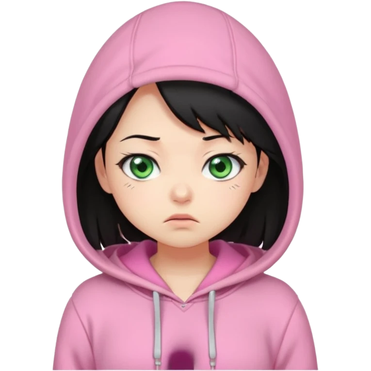 Cute chibi-style emote with exaggerated facial expressions, rounded proportions, and soft colors inspired by kawaii aesthetics.  Perplexed or uncertain look, raised eyebrow or tilted head, slightly funny and relatable. female with black hair and greeneyes wearing a pink hoodie emoji