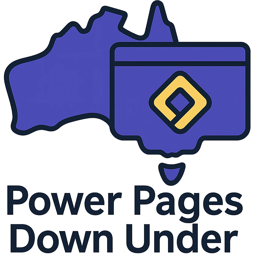 Make the icon more colorful by using #403DAD, a vibrant purple, and #fff7ad as accent colors. Keep the map of Australia with the official Microsoft Power Pages icon overlay and the text 'Power Pages Down Under' in a clean, modern font. No digital web overlay emoji
