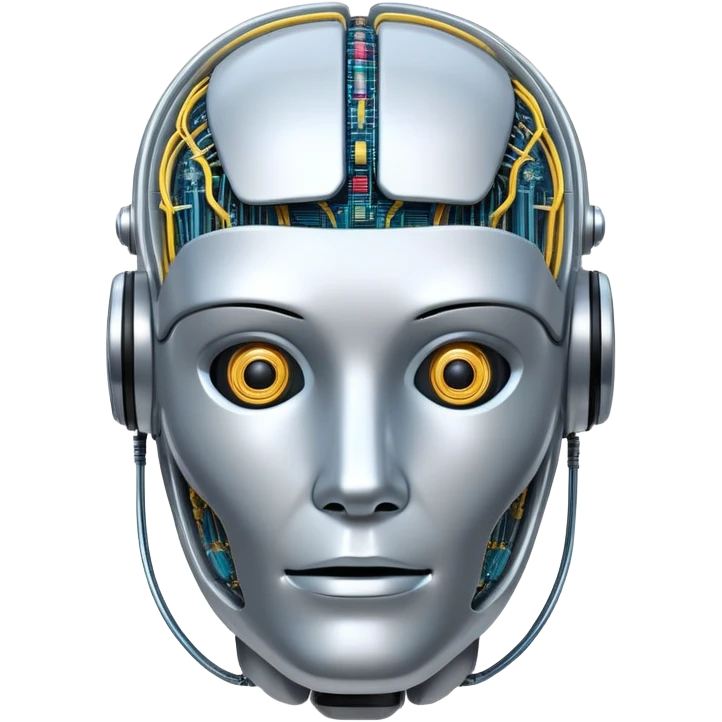 An icon featuring a humanoid robot head, neural network connections, and binary code, symbolizing artificial intelligence. The design includes a brain with circuits and machine learning algorithms, representing the study and development of intelligent systems. Transparent background  emoji