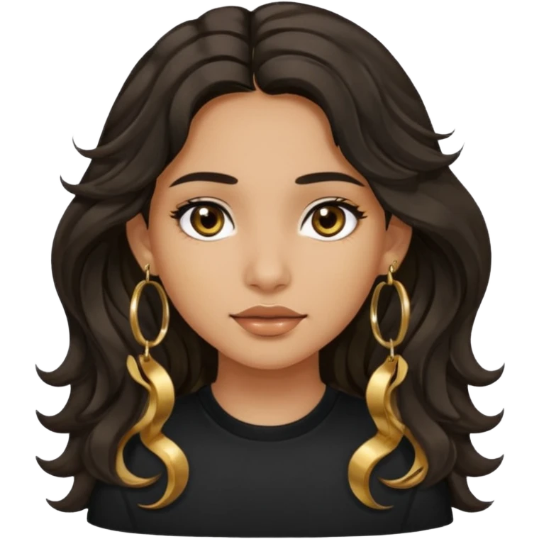 Girl with olive skin, very dark brown eyes and dark wavy long hair. wearing black shirt and gold hoop earrings emoji