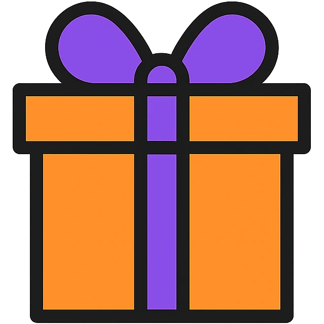 A vibrant orange gift box with a purple ribbon emoji