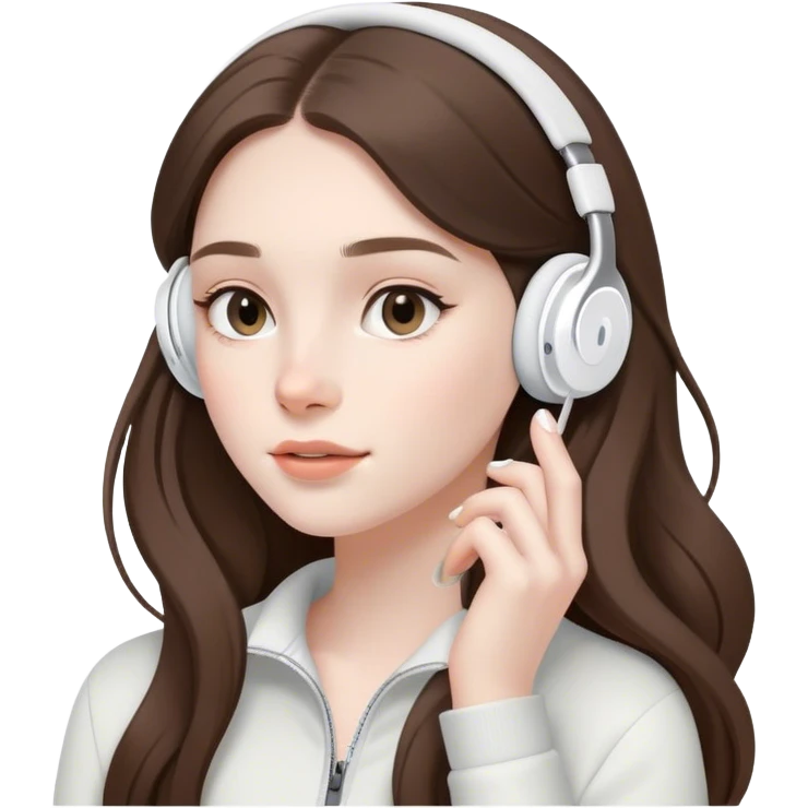  beautiful pale brunette girl with long hair listening to music in airpods emoji