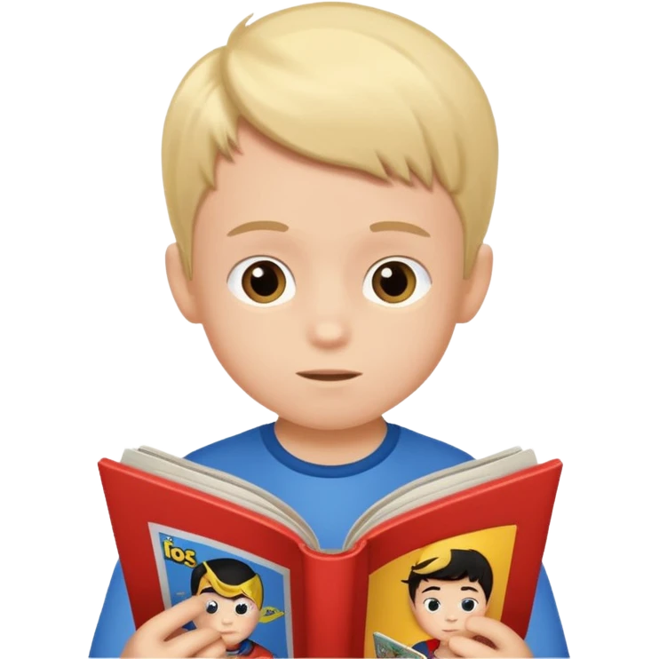 little boy reading comic bôk emoji