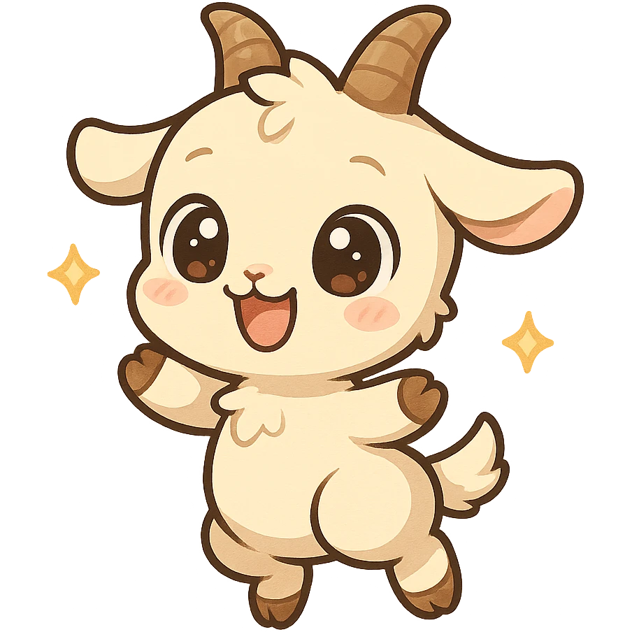 chibi goat, joyful, big sparkling eyes, jumping with excitement, simple background emoji