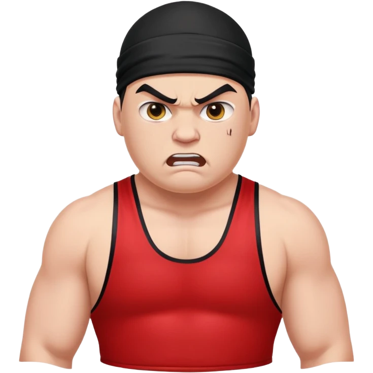 Close-up of white skin fat guy with young face, no muscle with prominent black durag, completely shaved face, no beard or mustache, black eyes in a red and black wrestling singlet with angry face emoji