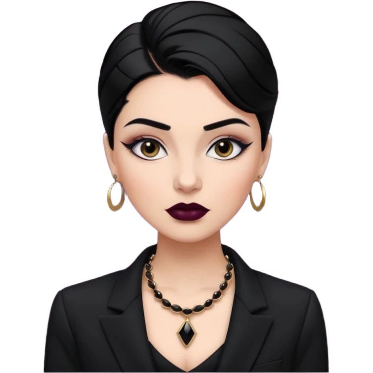 “Emoji girl, sculpted contour, bold dark lipstick, defined brows, sharp eyeliner, sleek black hair updo, statement necklace, black blazer.” emoji