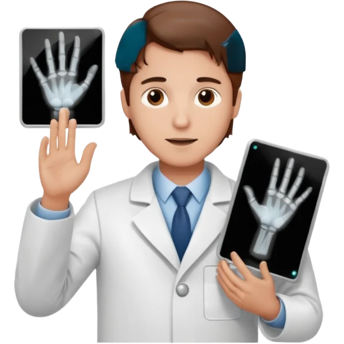Radiografía de mano sostenida por un hombre con bata blanca  piel clara cabello café emoji