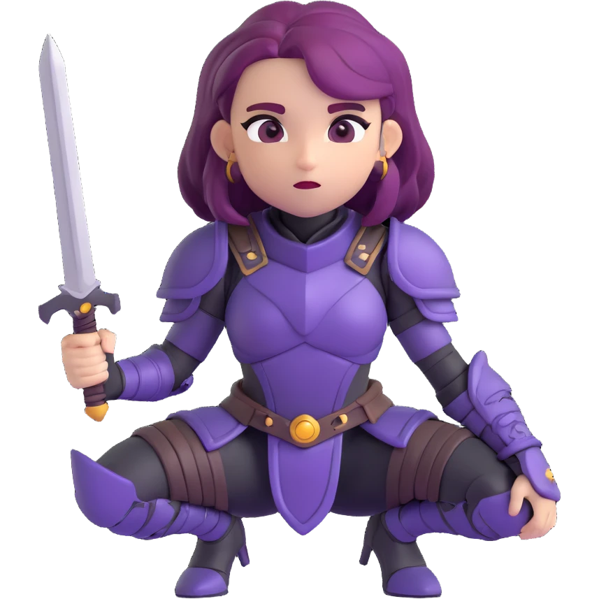 mysterious warrior girl with flowing purple hair, dressed in black armor, crouched and ready to spring into action, emoji style emoji