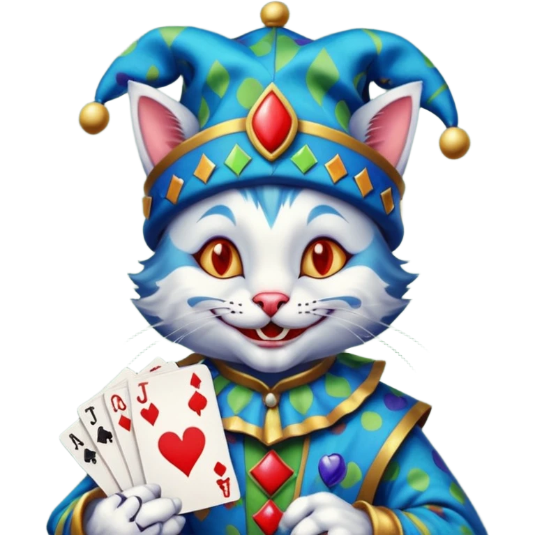 crazy colorful cute little cat jolly joker from poker, medieval, vintage, court jester, mac os icon, blue color, holds a single poker card on the right paw emoji