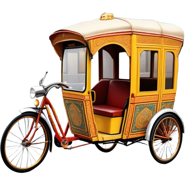 Cyclo rickshaw – Cinematic Realistic Cyclo Rickshaw, depicted as a charming, ornately painted three-wheeled cycle taxi with vintage detailing, set on bustling city streets under dynamic urban lighting that evokes cultural heritage and nostalgic charm. emoji