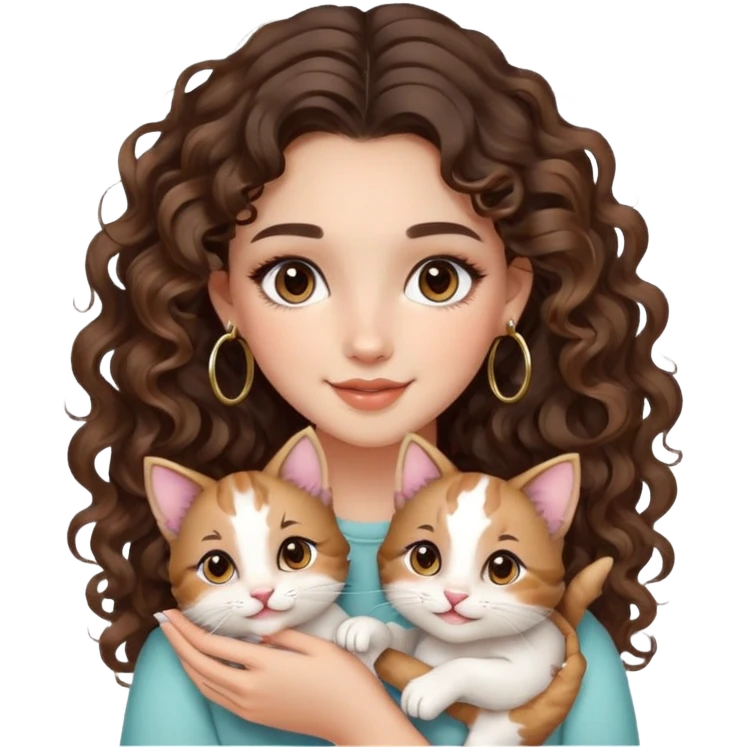 cute girl long brunette balayage curly/wavy not voluminous hair, brown eyes, hoop earrings, natural pretty clean girl makeup: SUUUUPER happy while holding kitties emoji