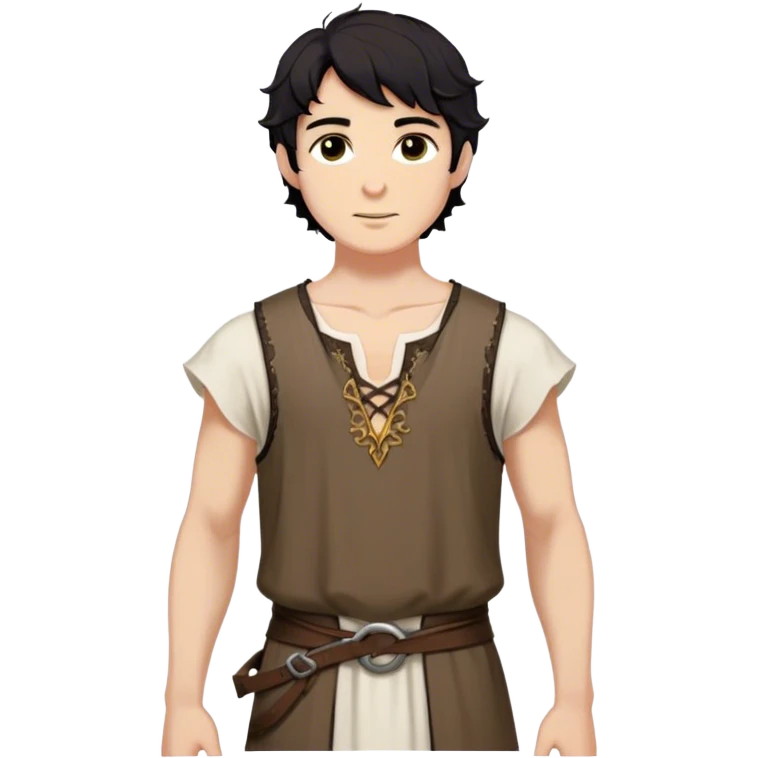 medieval summer outfit worn by a DnD themed fantasy male character. thin, sleeveless cotton tunic with a deep neckline and reinforced stitching around the shoulders. clothes only above the waist. The clothes full waist. The character's haven't arms. character is white-skinned, black hair, brown eyes, short wavy hair. emoji