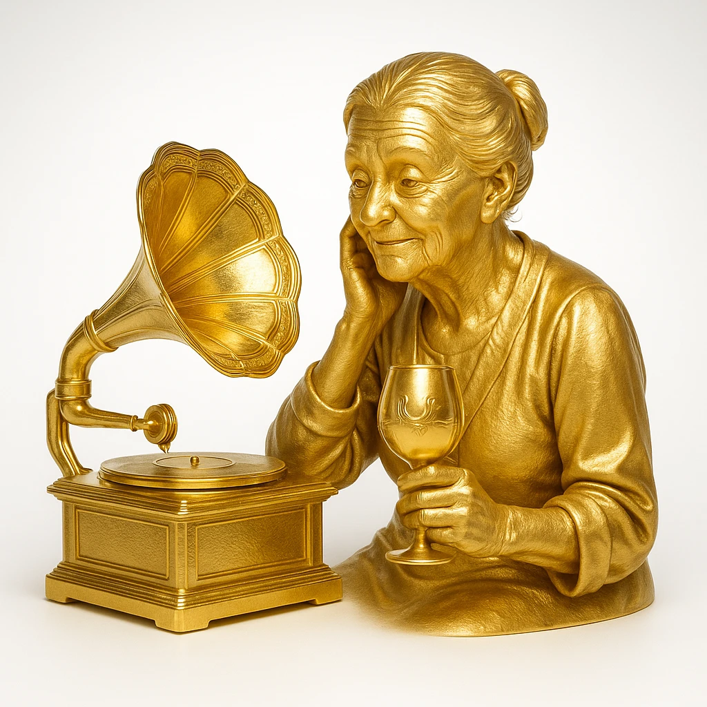 old lady with wineglass listening to gramophone emoji