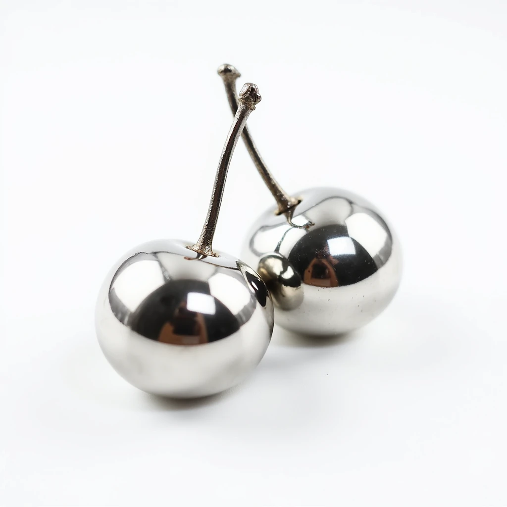 a pair of cherries made of shiny silver metal, realistic, reflective, with metallic stems, transparent background emoji