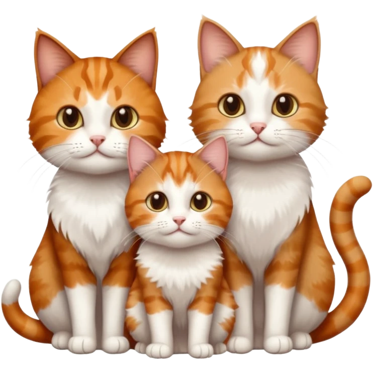 3 sibling cats all different natural colours; 1 is ginger and white, the next is brown tabby and white and the third is a calico emoji