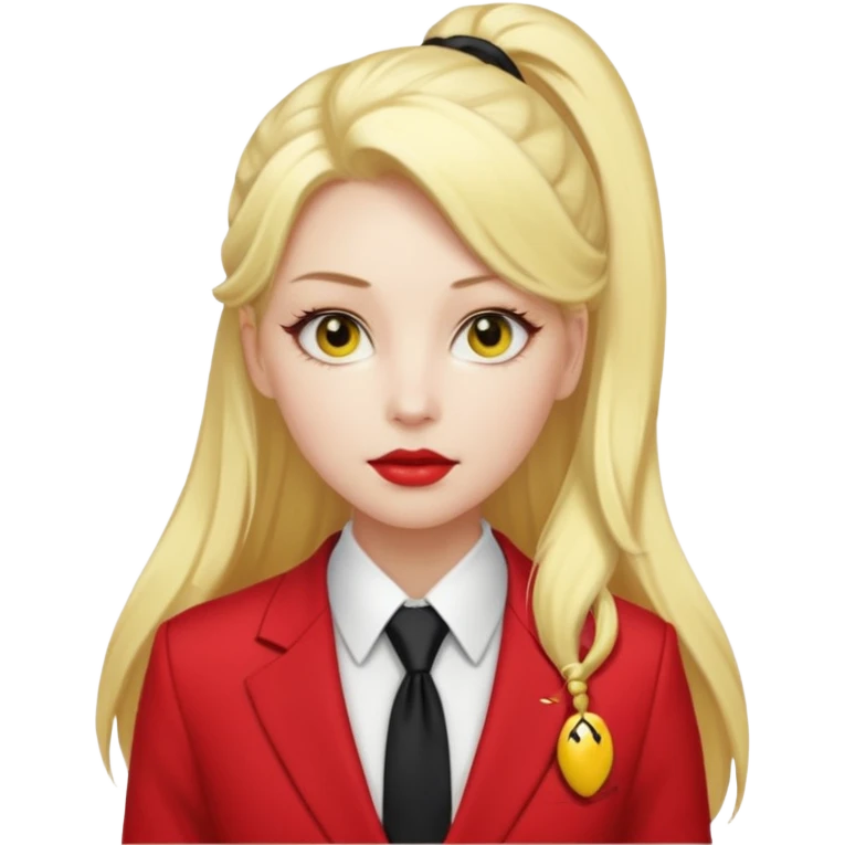 Woman with porcelain white skin, thick blonde hair that's in a thick, long ponytail, has a black nose, yellow scleras, red pupils, and a red suit with a black tie. emoji