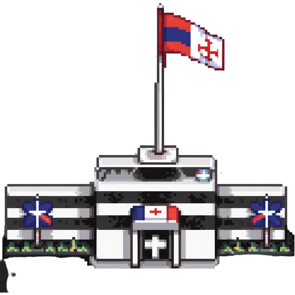 Hospital building with Thai flag on flagpole, medical cross symbol, red white blue striped flag of Thailand emoji