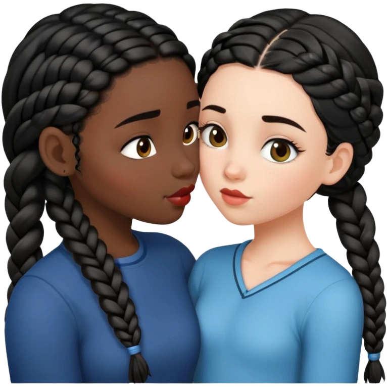 A white girl with black hair kissing a black girl with braids emoji