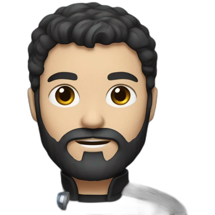 A white Portuguese with black and medium-length hair and a beard that holds a blue lightsaber moto emoji