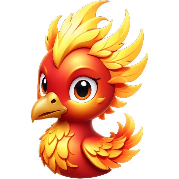 Cinematic Cute Mystical Fire Phoenix Portrait Emoji, Head tilted playfully and inquisitively, showcasing a vibrant, flame-kissed form with intricately detailed feathers in warm shades of red, orange, and shimmering gold, accented by delicate sparks and a gentle, inviting glow; rendered with lifelike detail and soft, radiant light, high shine, enchanting and spirited, styled with a touch of mythic whimsy, soft glowing outline, capturing the essence of a mischievous yet endearing phoenix poised to flutter playfully into your heart! emoji