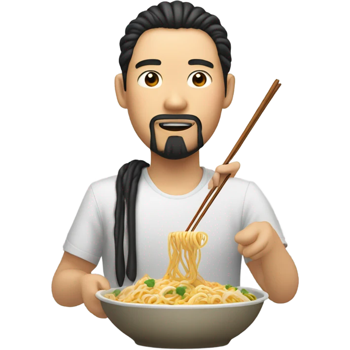 asian with slightly open eyes and eat noodles also has two beard braids emoji