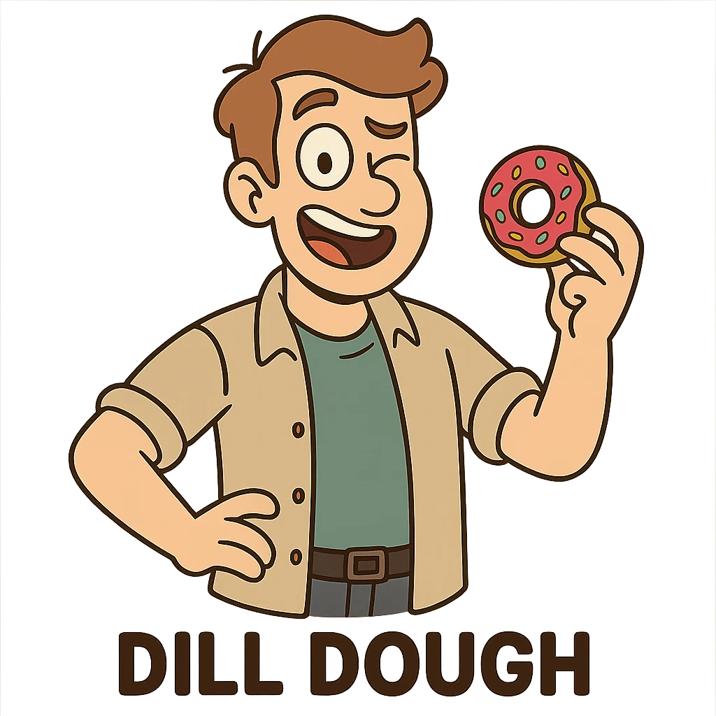 A playful cartoon man named Dill Dough with a doughnut in hand, winking, casual modern clothes, light brown hair, fun and silly vibe. emoji