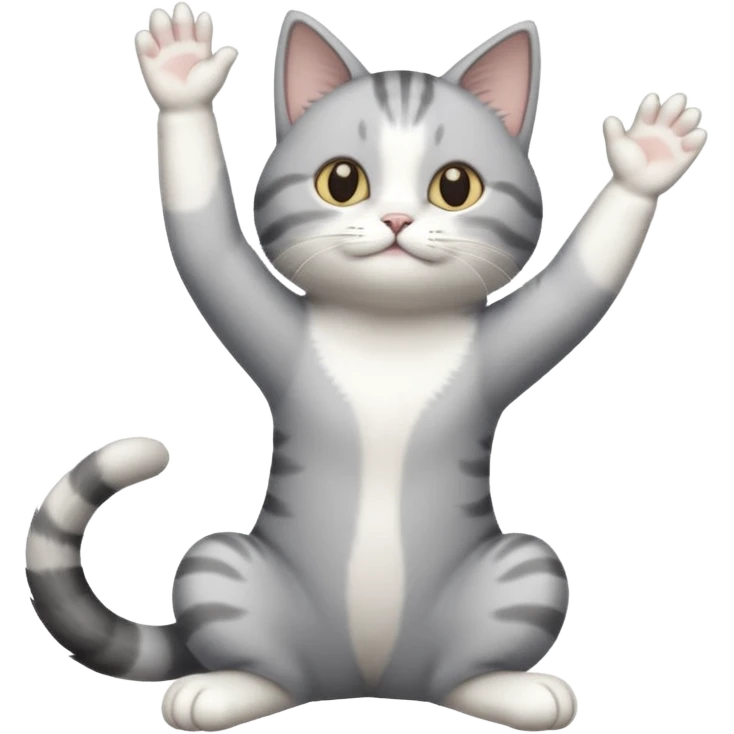 grey and white cat doing a big long stretch reaching up into the air with arms and legs side by side together emoji
