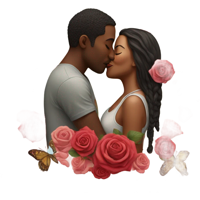 Hyper Realistic Couple kissing surrounded by roses and butterflies  emoji
