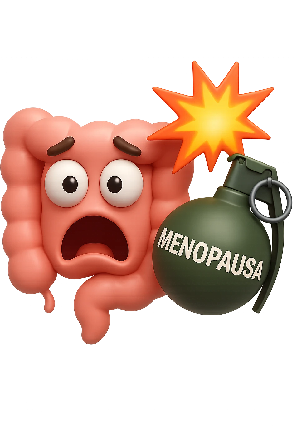 EMOJI STILE IPHONE 3D DI INTESTINO 3D CON ESPRESSIONE SPAVENTATA IN VOLTO MENTRE ACCANTO A LUI SCOPPIA UNA GRANATA 3D CON LA SCRITTA "MENOPAUSA" SOPRA, FAGLI ANCHE LA PARTE BIANCA DEGLI OCCHI, NON SOLO LA PUPILLA emoji