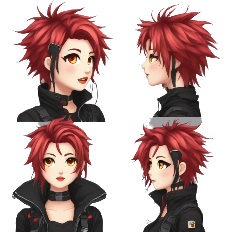 Gorgeous techwear anime style lady with blushing face aesthetic and pretty edgy black red white punk messy hair with collar and harness trending style emoji