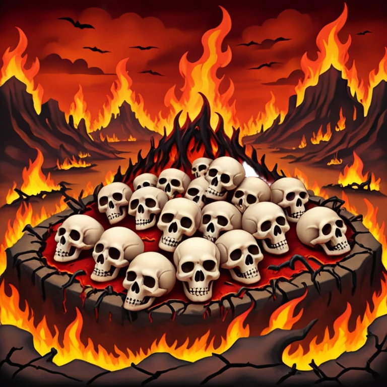 A burning hell landscape in the style of rott8ng corpses in the style of your bloody skull art. More detailed, extreme detail emoji