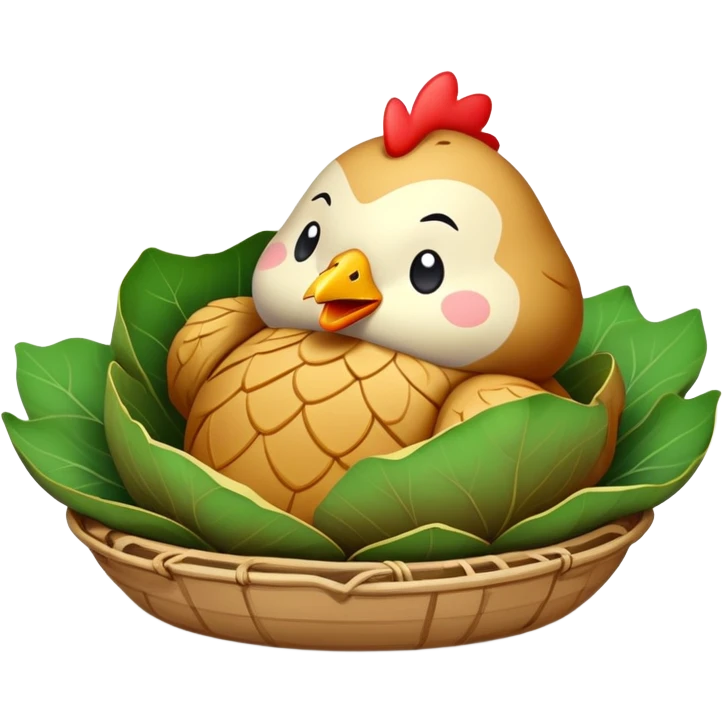 Beggar's Chicken wrapped in lotus leaf and clay, simplified emoji style with bold outlines and bright colors, cartoon style traditional Hangzhou dish before cracking emoji