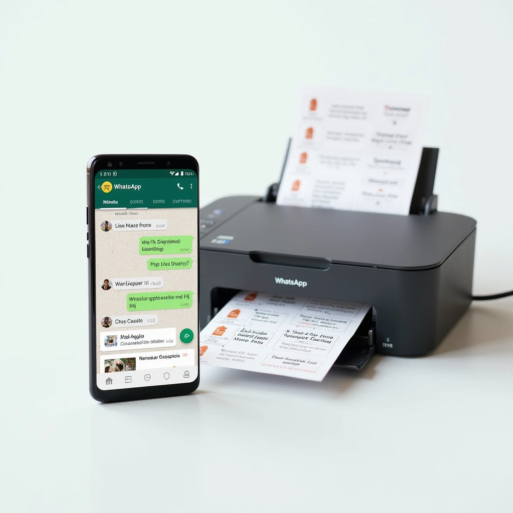 realistic thumbnail for a WhatsApp print out service, showing a smartphone with WhatsApp open on the left side, displaying a chat with various file types including photos, documents, PDFs being sent, and a printer on the right printing out different types of files, on a clean background emoji