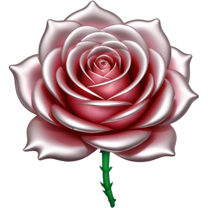 A rose emoji made of liquid silver metal, smooth metallic petals, reflective chrome surface, soft gradients, elegant shape, minimalistic iOS emoji style, centered, clean white background, realistic highlights, no text emoji