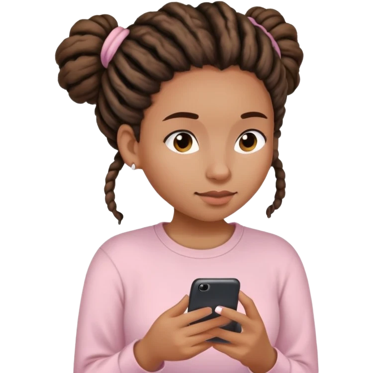 Medium brown woman with dreadlocks in bun Light pink shirt texting emoji