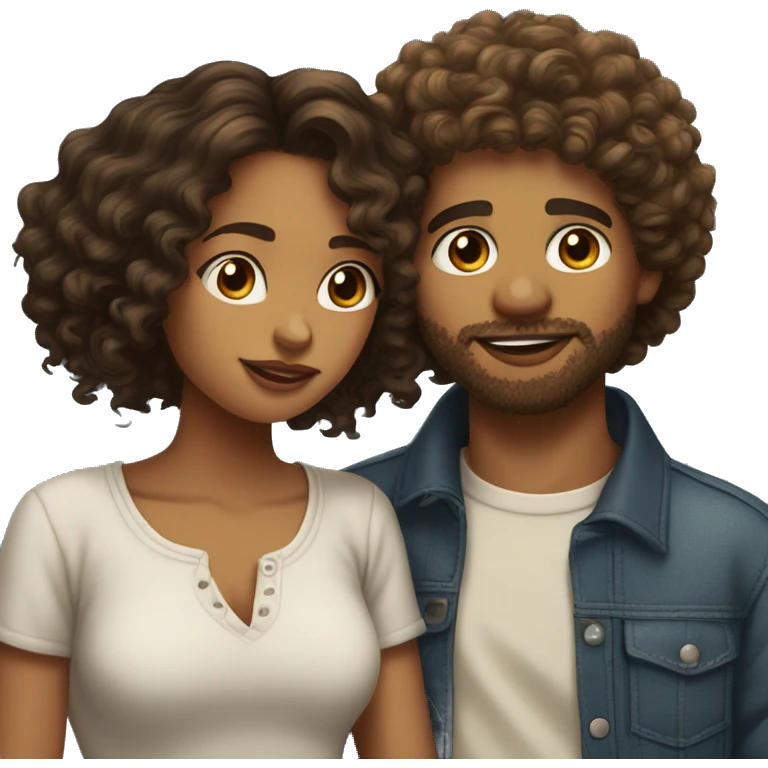 Brownskin boy with curly hair and connected beard kiss a lightskin girl with short curly banged hair  emoji