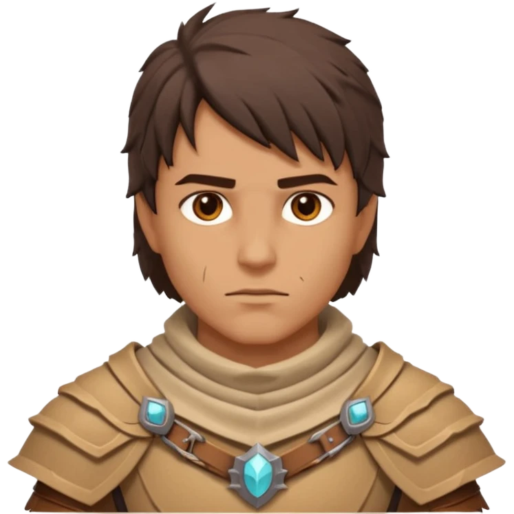desert warrior portrait, head and shoulders only, sandy cloak collar, leather armor, intense eyes, desert fighter vibe, 3D cartoon, mobile game icon style, clean background, no text, no watermark
 emoji