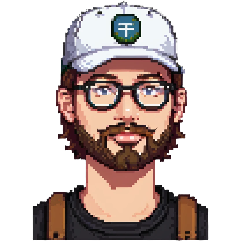 adventurer with goatee beard (no beard on cheeks), short hair, glasses and backwards baseball cap emoji