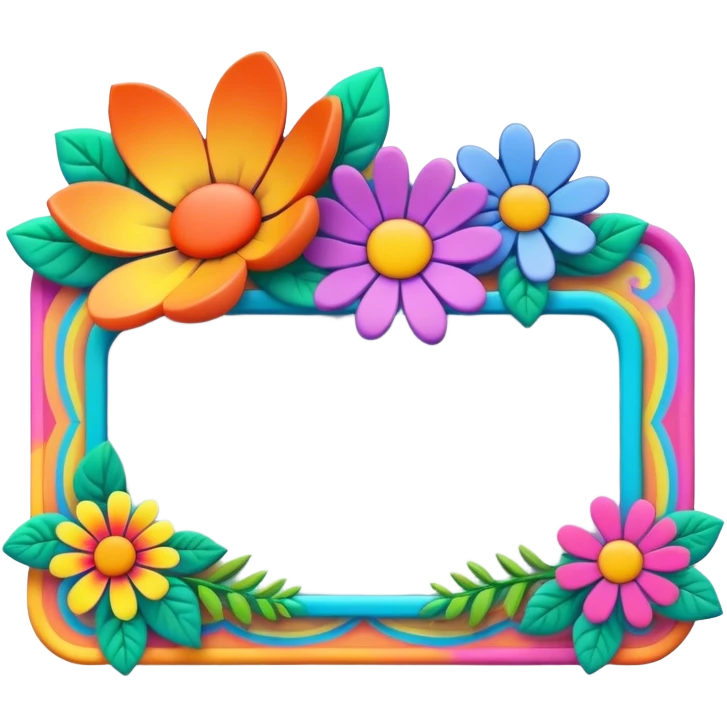 3D, psychedelic colored name tag with hippie style flower border emoji