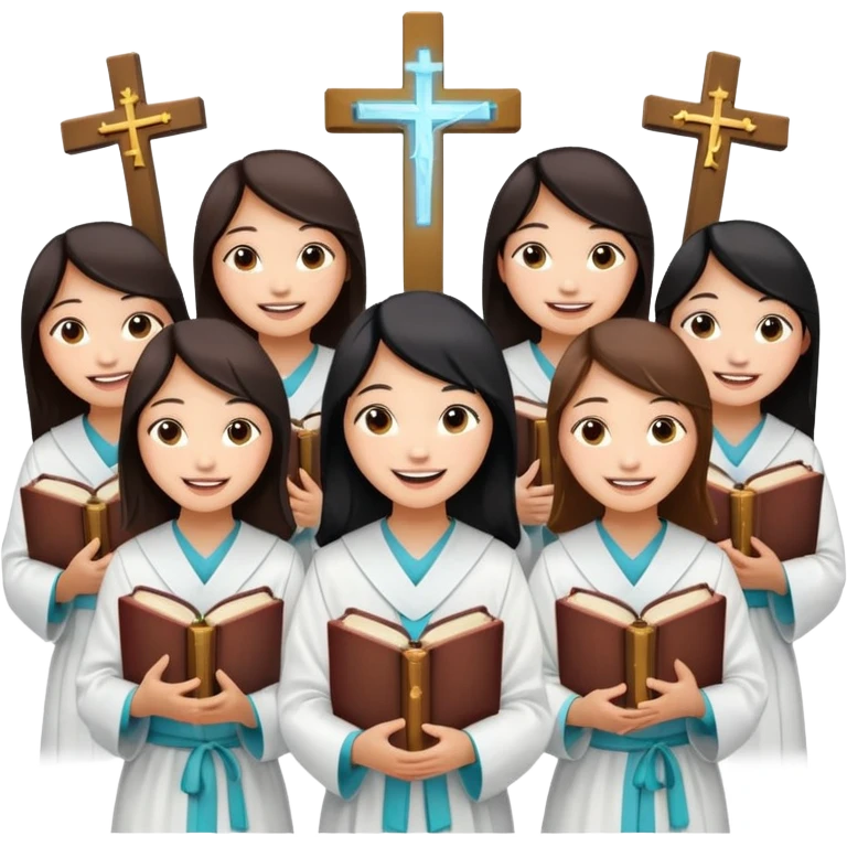 eight asian girls holding bibles and crosses and laughing to each other emoji