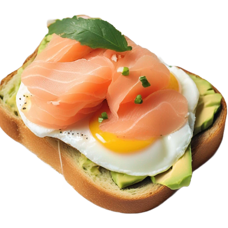 one avocado tost on brioche with salmon and eggs emoji