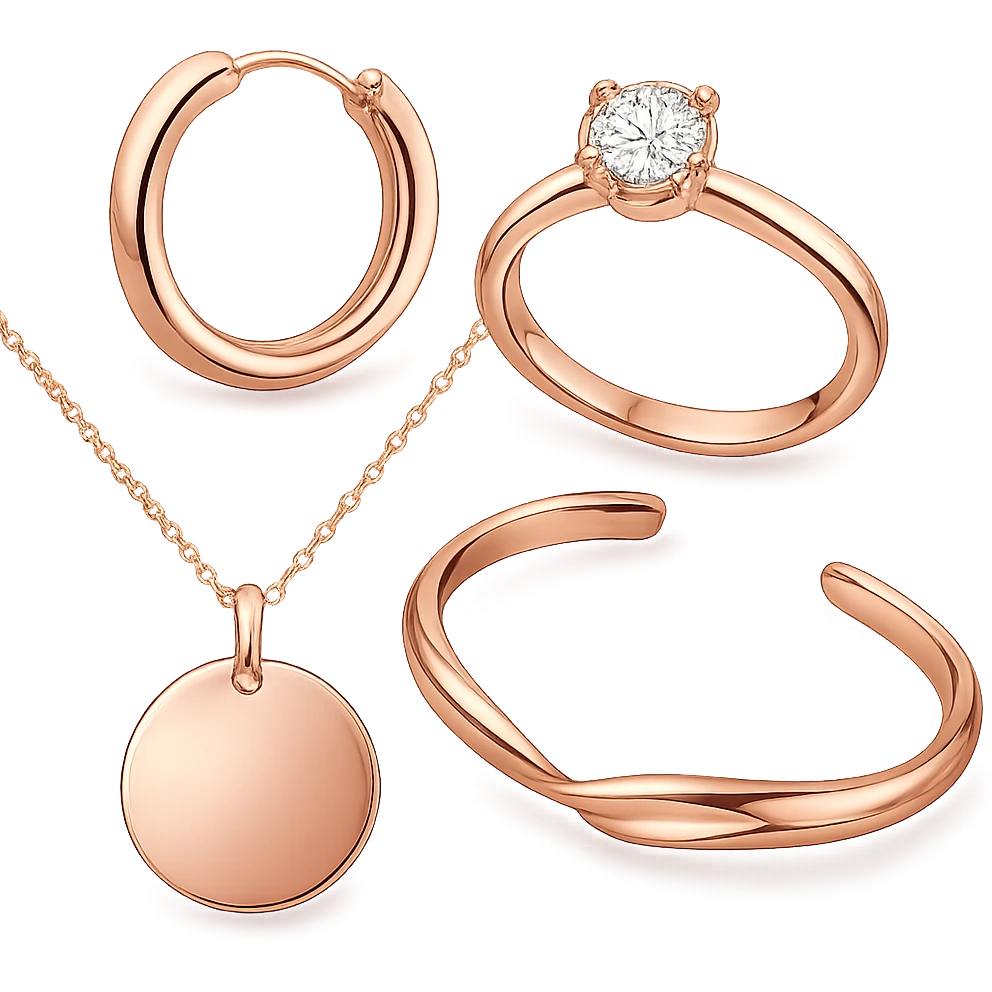 rose gold jewelry, shiny, luxurious, soft pink metallic, minimal background emoji