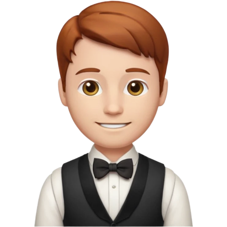 young gentleman emoji, straight auburn hair, wearing a vest and bow tie, warm smile emoji