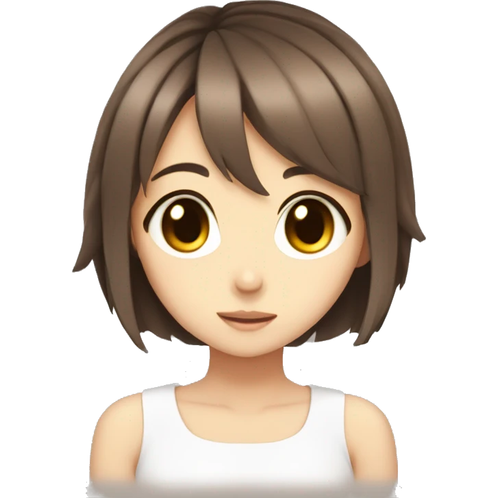 Cute anime girl, short hair, brown eyes, innocent emoji