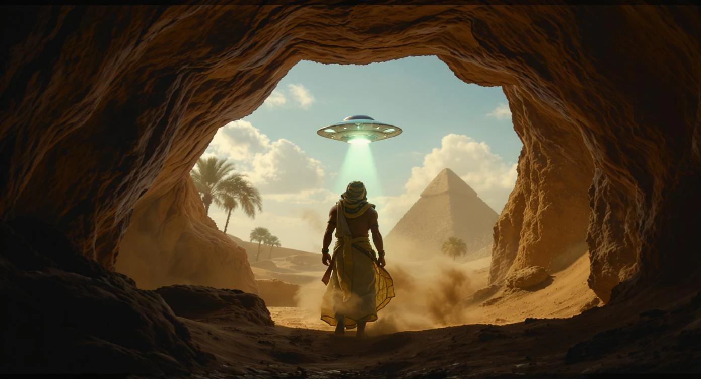 cinematic still, documentary photography, acient egypt, back shot of a man dress in ancient clothes in cave (frame in frame effect) on ground laying front of small ufo starship, sand flying around, palms, dynamic scane, leading lines, captured by arri alexa, depth layers, piramids in babckground emoji