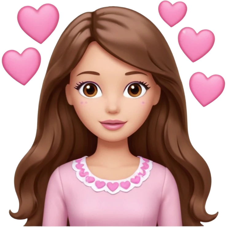 Barbie girl brown long straight wavy hair and brown eyes is In pale pink clothes There are pink hearts all around emoji